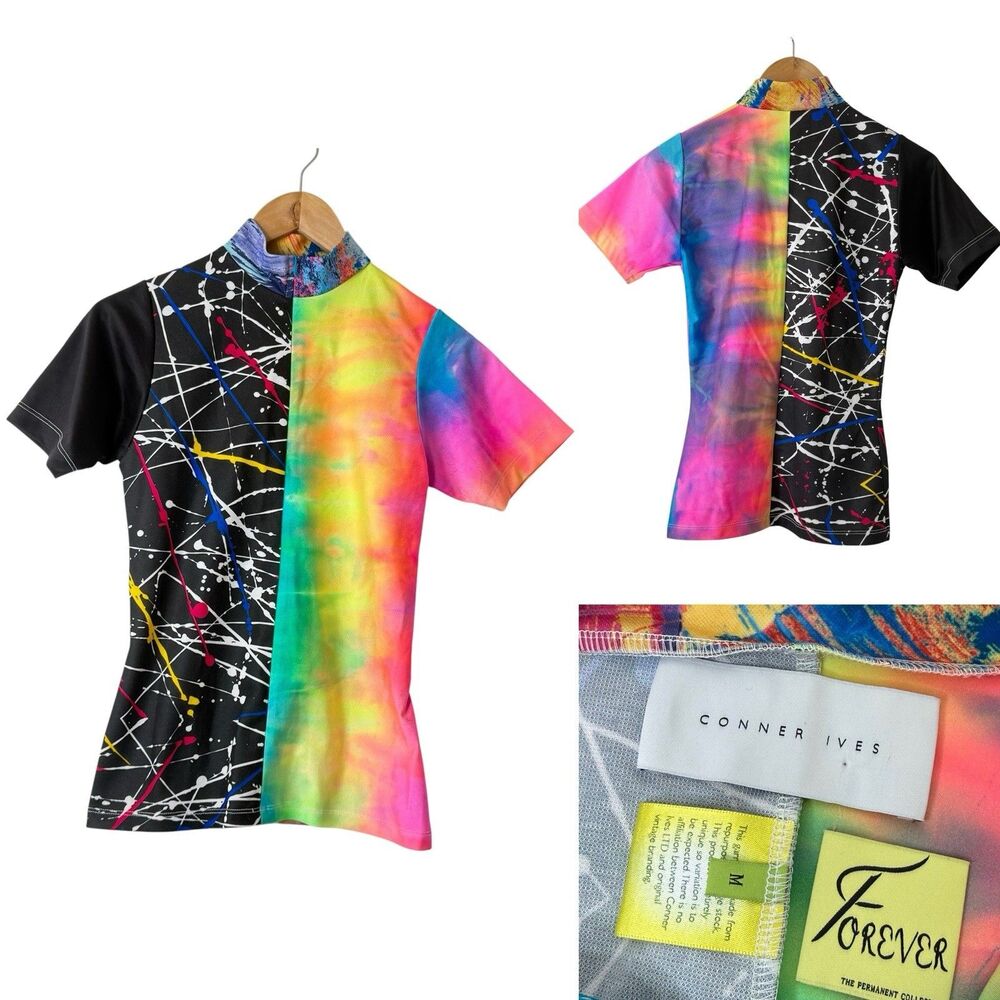 Conner Ives Reconstituted Bike Top M 1/4 Zip Rainbow Tie Dye Splatter Designer